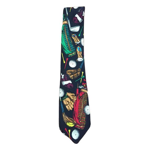 Addiction Mens Silk Neck Tie Golf Club Bag Ball Handmade Bolero Vintage 1991 - Picture 1 of 8